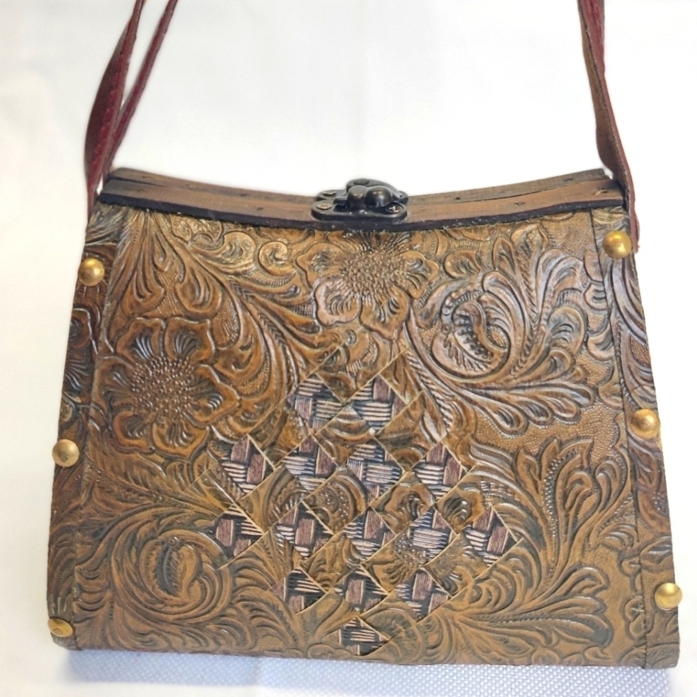 Vintage Hand-Carved Wood & Leather Box Bag | Brass Clasp, Folk Art Style